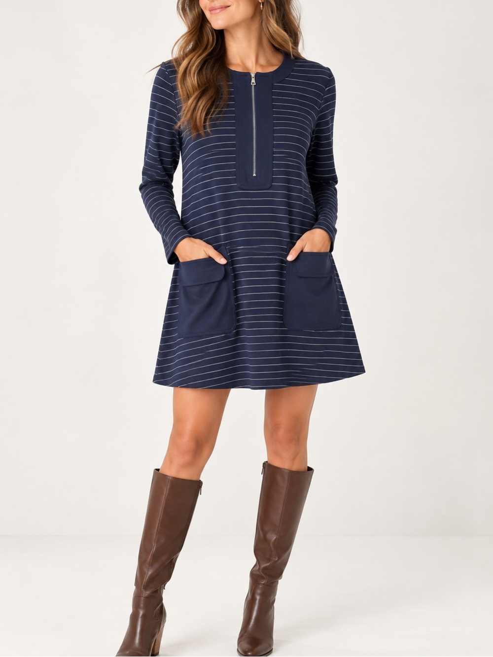 BCBGMAXAZRIA Raegan Navy Pinstripe Half Zip Swing Shift Dress S Pockets Preppy